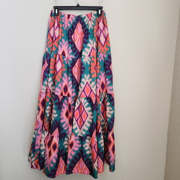 SSYS Tiered Maxi Skirt M‎ Ikat Sadie Boho Hippie Patchwork Cottage Pull on Lined - Picture 7 of 13